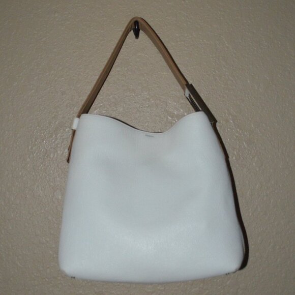 $1295 Perrin White Leather Tan Trim Bucket Shoulder Handbag - Picture 1 of 15